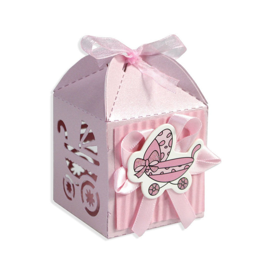 12 cajas Capturado puerta boda favores bautismo bautismo niña rosa silla de ruedas