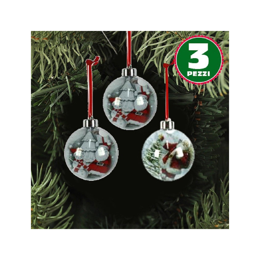 3 bolas de navidad transparentes con impresión de cinta de santa claus color rojo