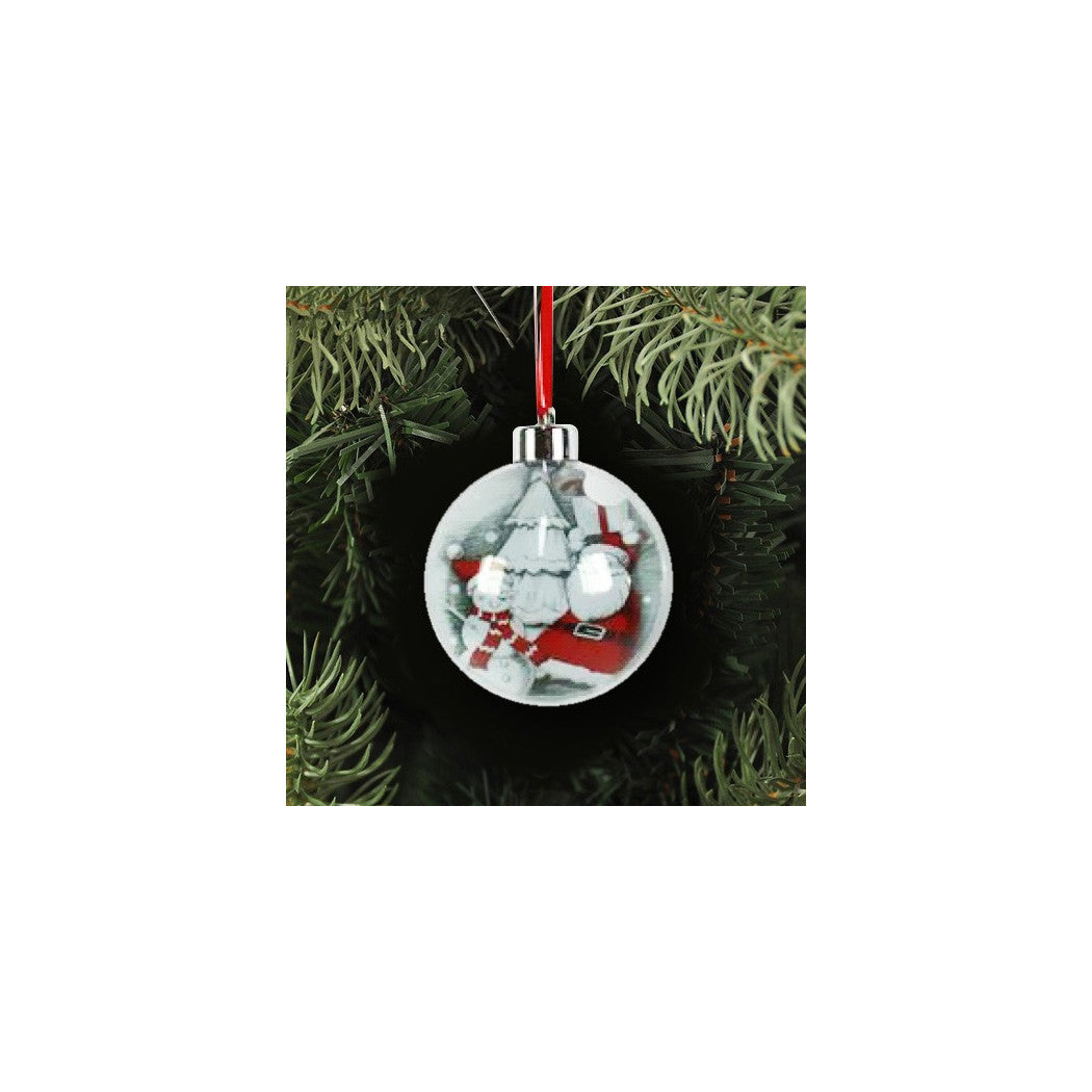 3 bolas de navidad transparentes con impresión de cinta de santa claus color rojo