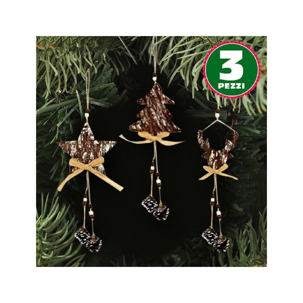 3 Perchas de Navidad Corteza de madera con conos de pino estrella estrella Alce de árbol