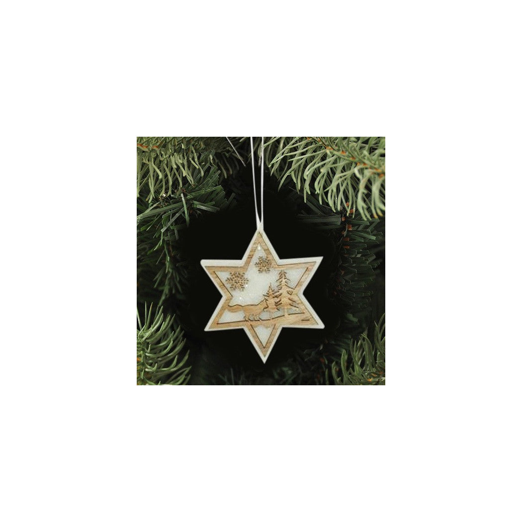 3 perchas de navidad de madera y un corazón del árbol de la forma de la estrella con paisaje de 16 cm