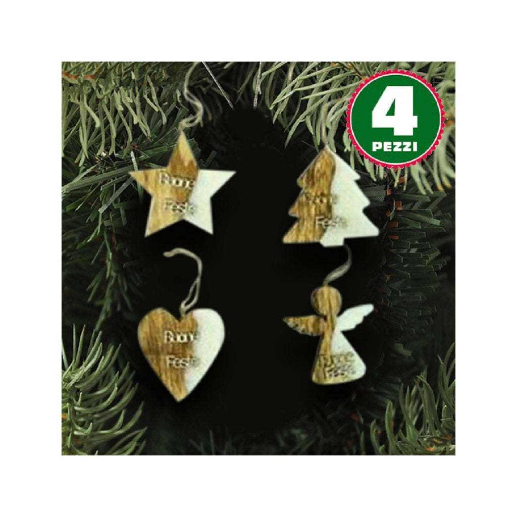 4 Hangers Christmas Wood Wood Form Star Tree Angel Heart With Happy Holidays Written