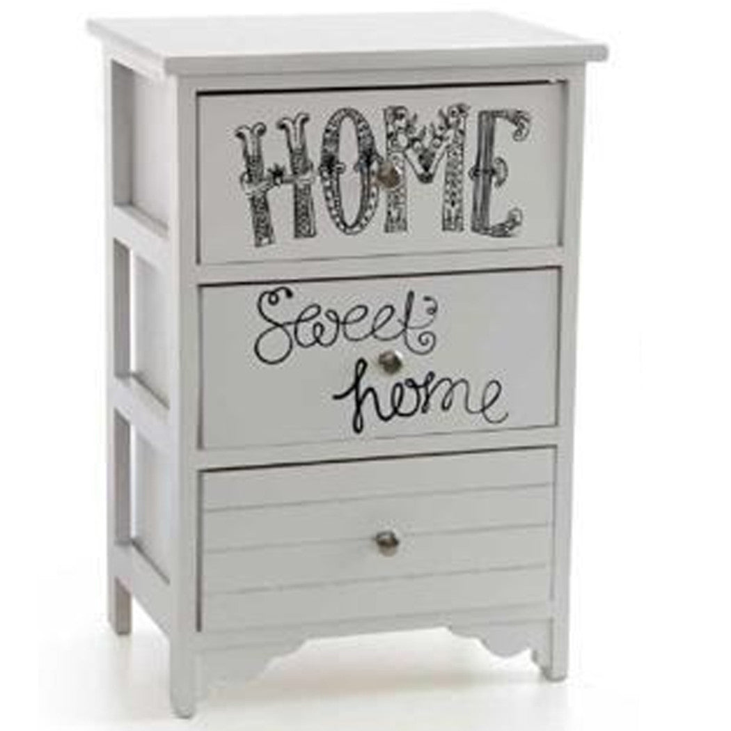 Cajonera de madera blanca 3 cajones 40x29x58cm decorado con texto dulce hogar