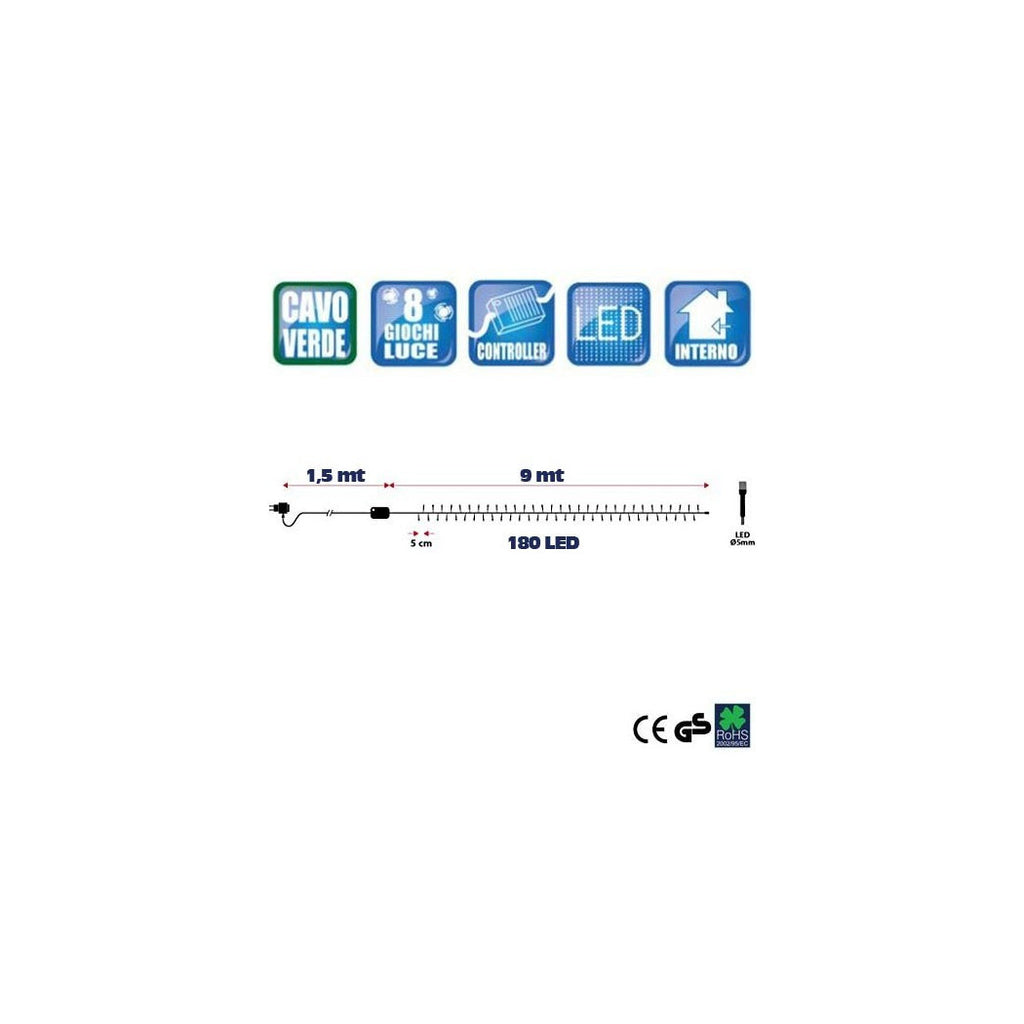 CATENA LUMINOSA 180 LUCI LUCCIOLE BLU LED CONTROL 8 FUNCIONES INTERNAS