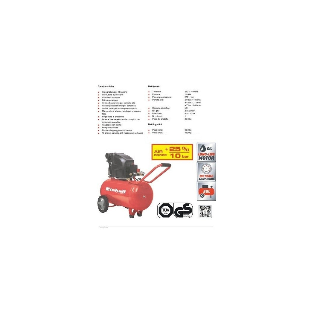 Compresor de aire 50 LT EINHELL TE-AC 270/50/10 Experto 2.5 HP 270 lt / min motor.