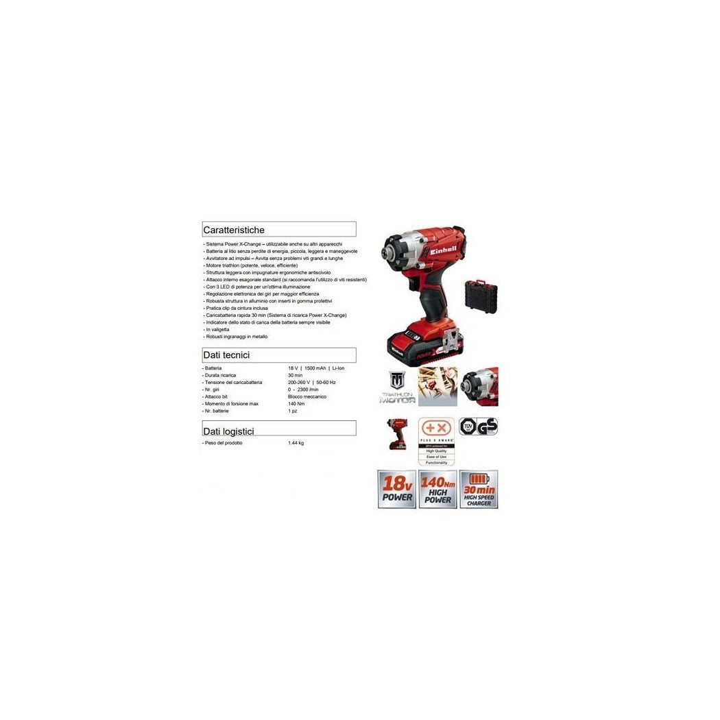 Destornillador de pulso de batería EINHELL TE-CI 18 LI 18V 1.5 AH Kit de batería