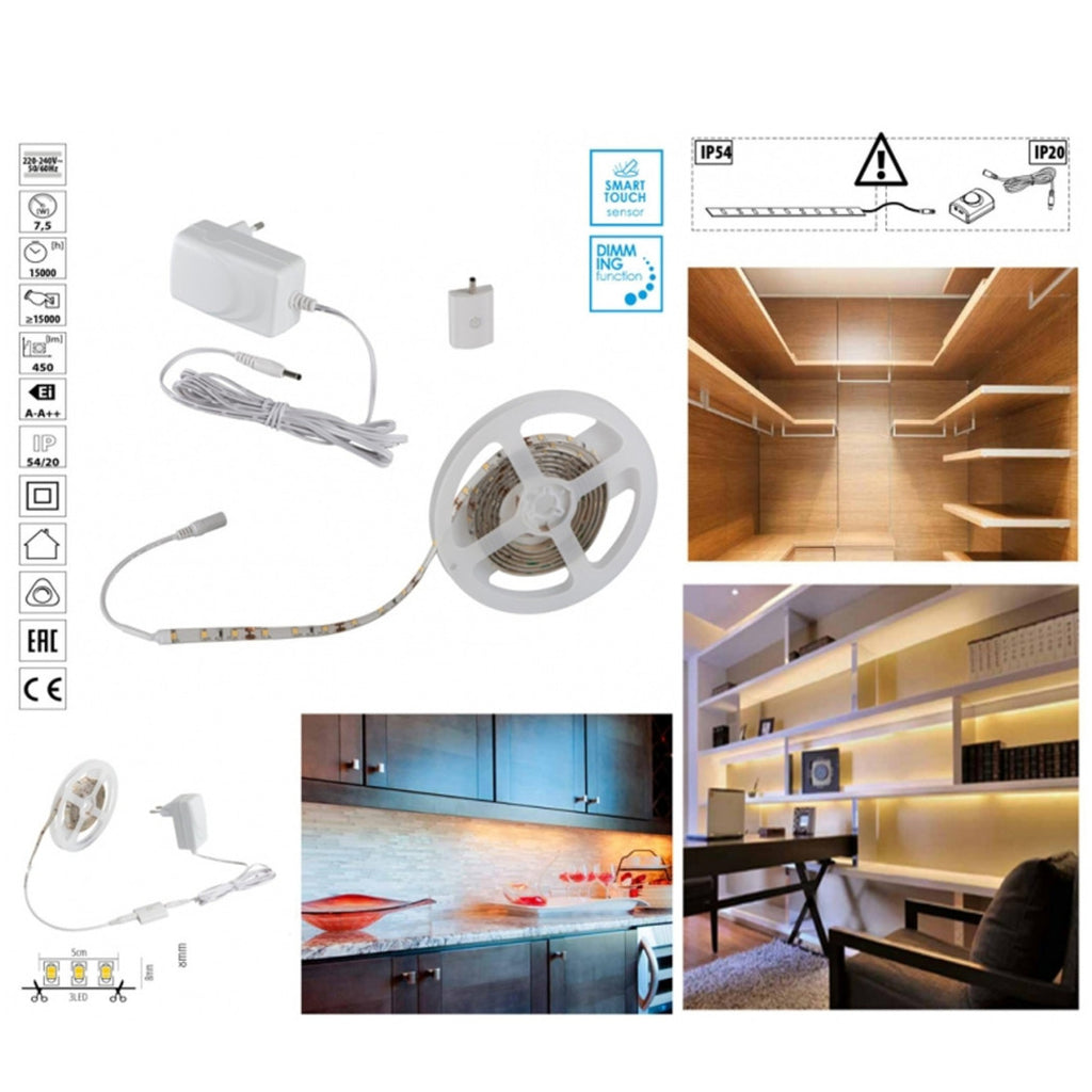 KIT STRISCIA LED CON INTERRUTTOR TOUCH DIMMER BIANCO CALDO 3000K 7.5 WATT
