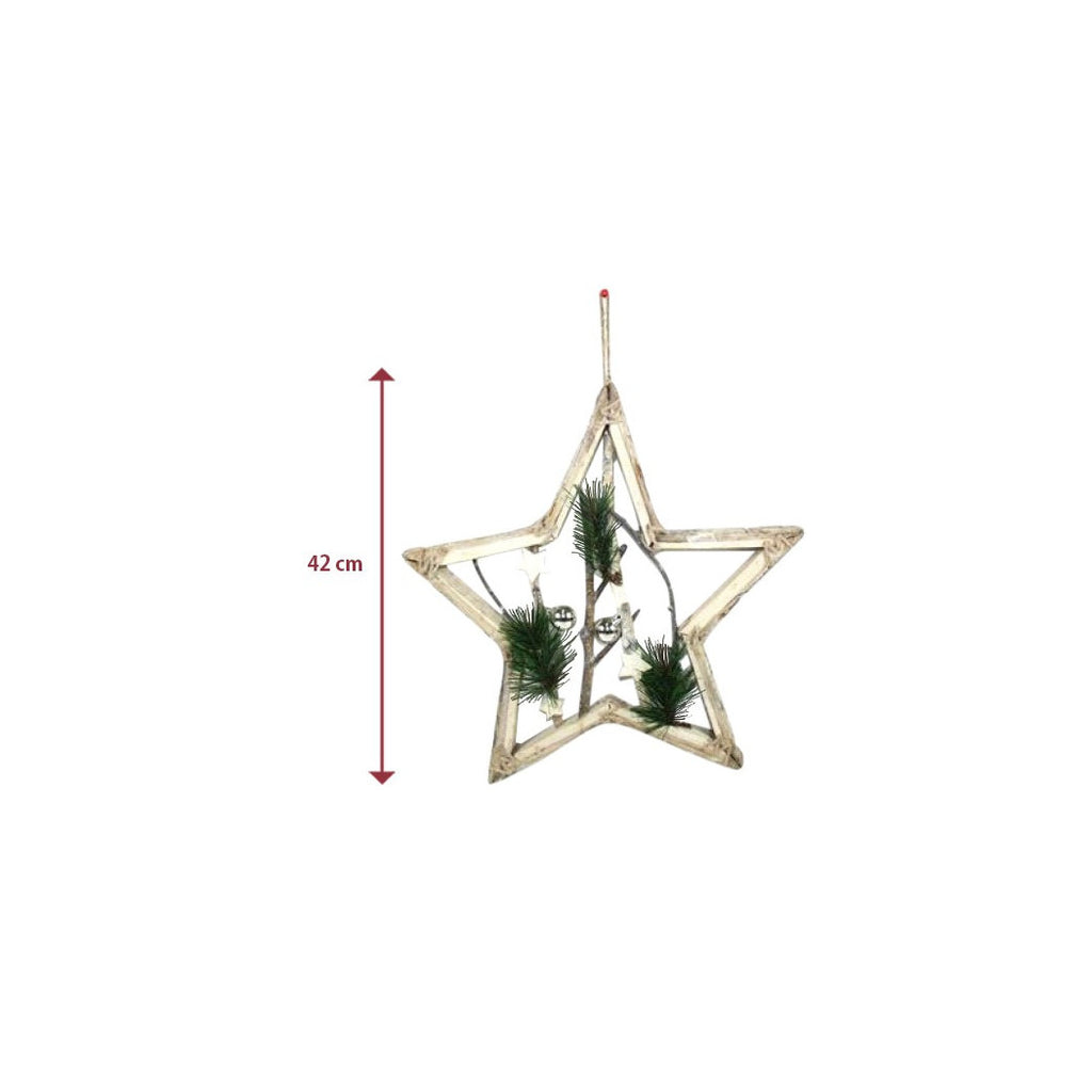 Percha de madera de la forma de estrella con ramas y bolas 42cm Decoración de Navidad blanca