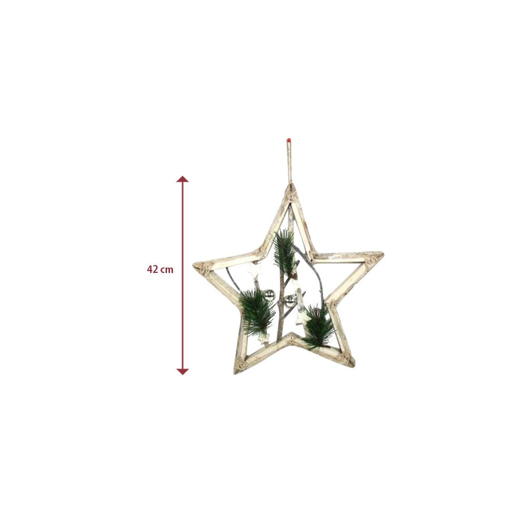 Percha de madera de la forma de estrella con ramas y bolas 42cm Decoración de Navidad blanca
