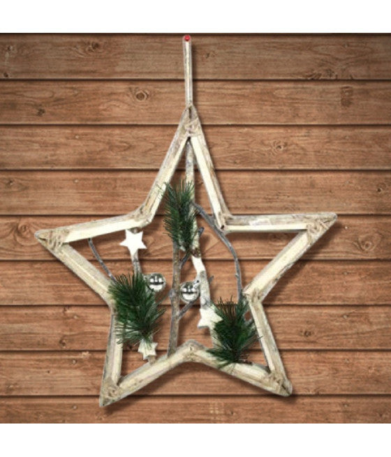 Percha de madera de la forma de estrella con ramas y bolas 42cm Decoración de Navidad blanca