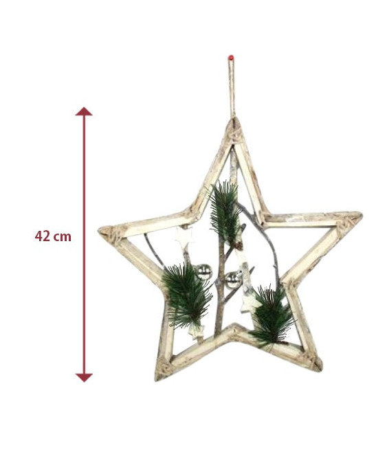 Percha de madera de la forma de estrella con ramas y bolas 42cm Decoración de Navidad blanca