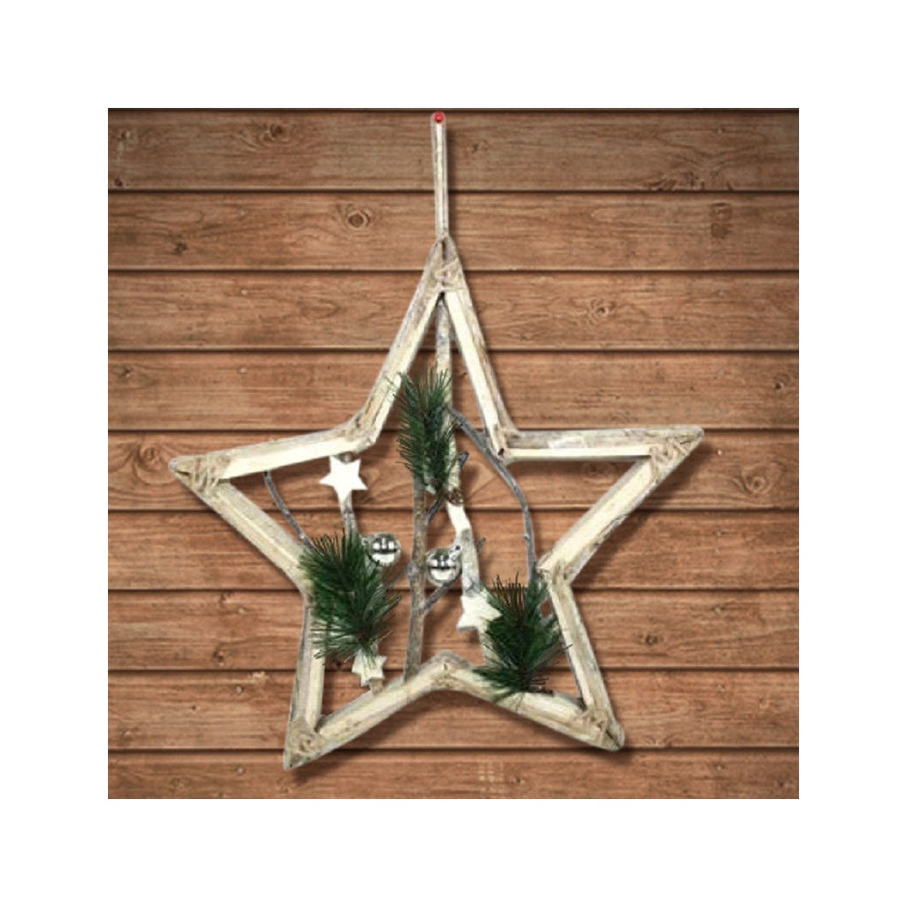 Percha de madera de la forma de estrella con ramas y bolas 42cm Decoración de Navidad blanca