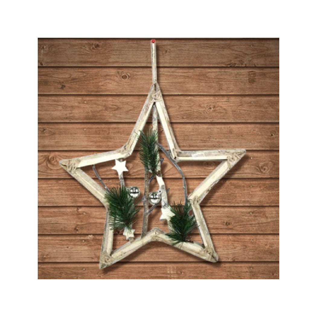 Percha de madera de la forma de estrella con ramas y bolas 42cm Decoración de Navidad blanca