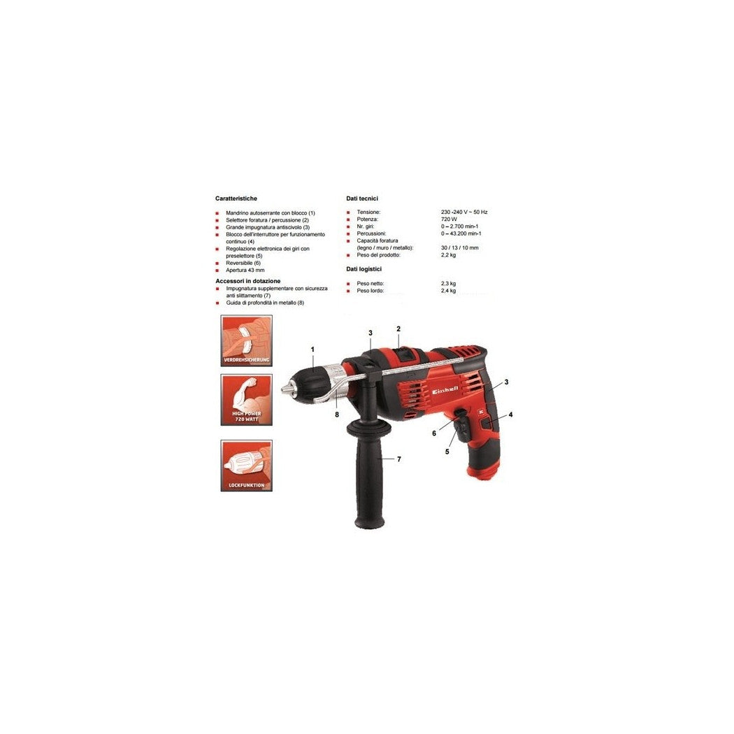 Perforación de percusión Einhell Th-ID 720/1 y motor 720 W Husillo 13 mm
