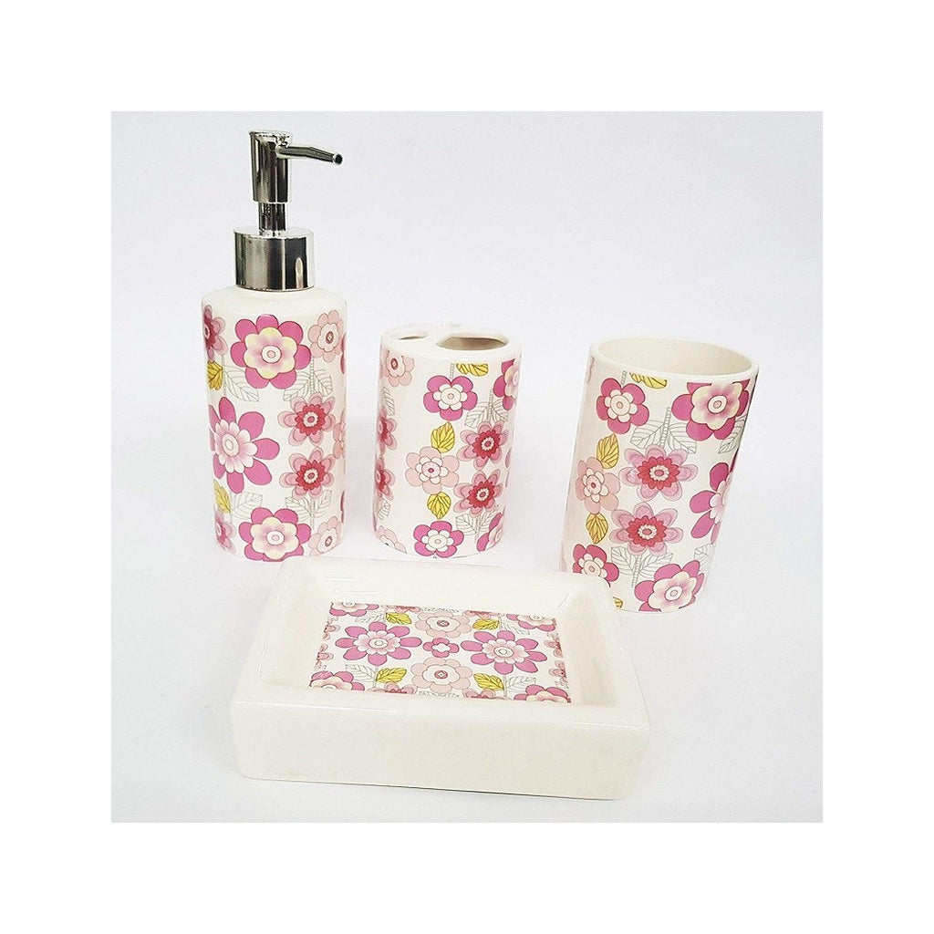 Set 4pcs Bath Flowers Pink Floral Ceramic Dispenser Soap Door Door Soap Glass Toothbrushes