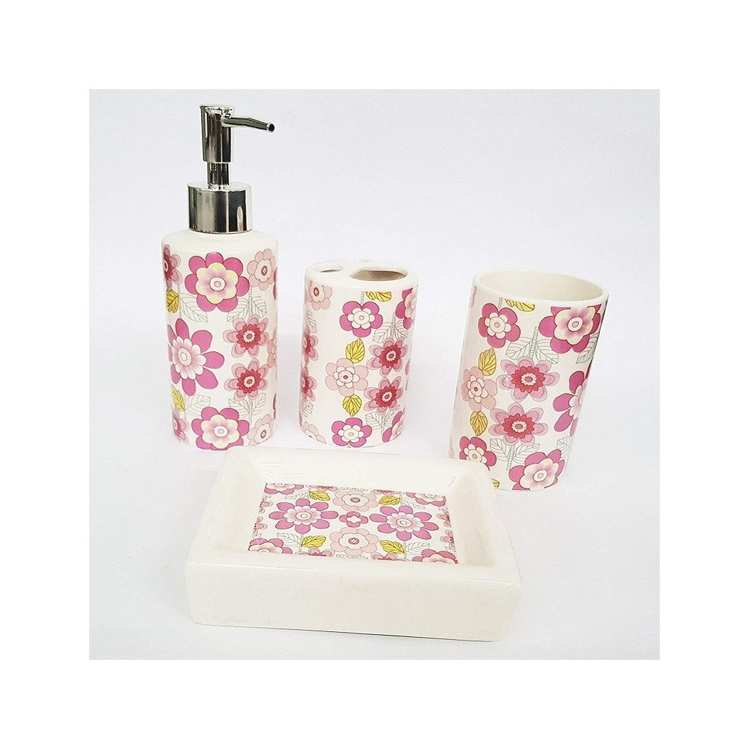 Set 4pcs Bath Flowers Pink Floral Ceramic Dispenser Soap Door Door Soap Glass Toothbrushes