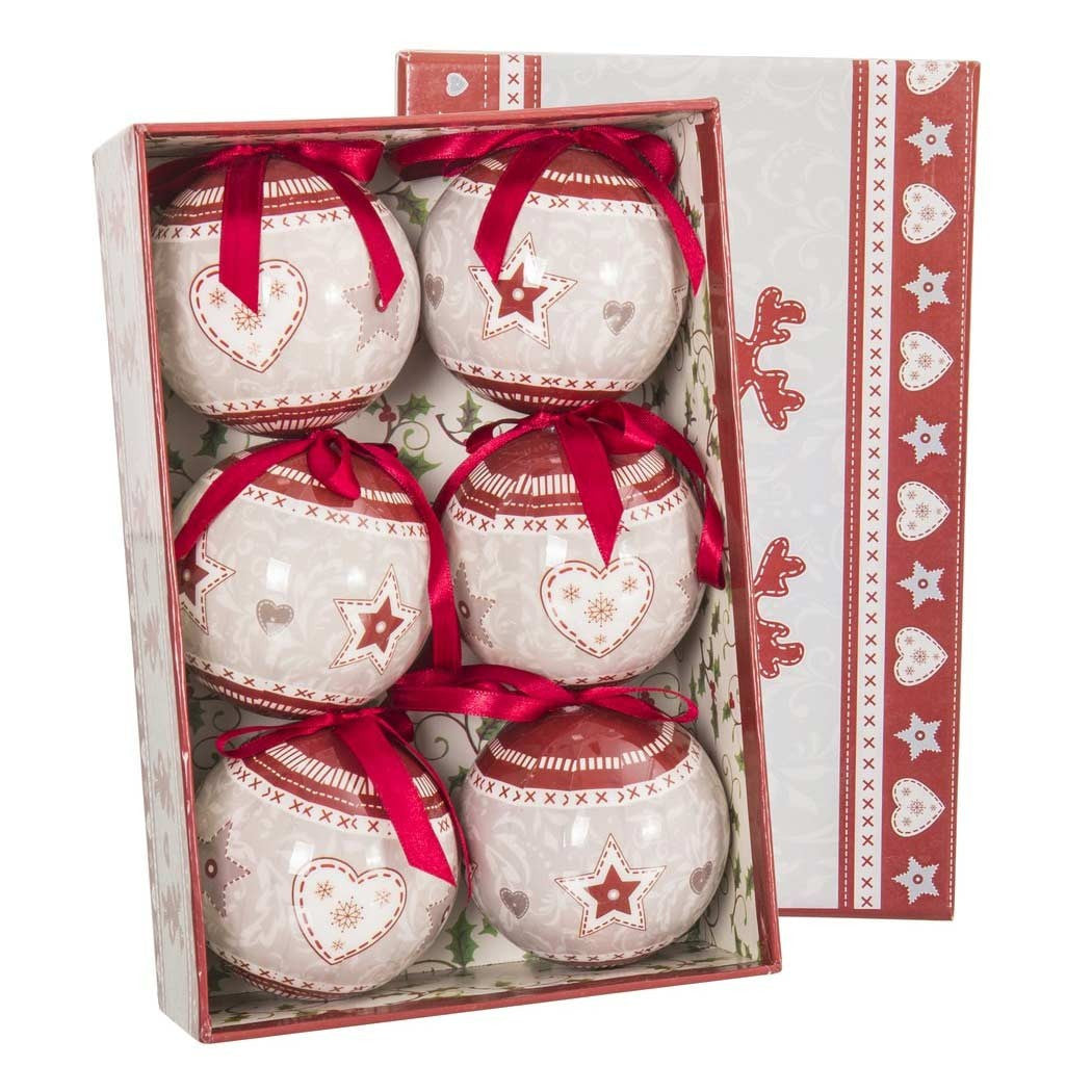 Set 6 bolas de Navidad Imprimir corazón Estrellas 7.5 cm con decoración de Navidad Cinta