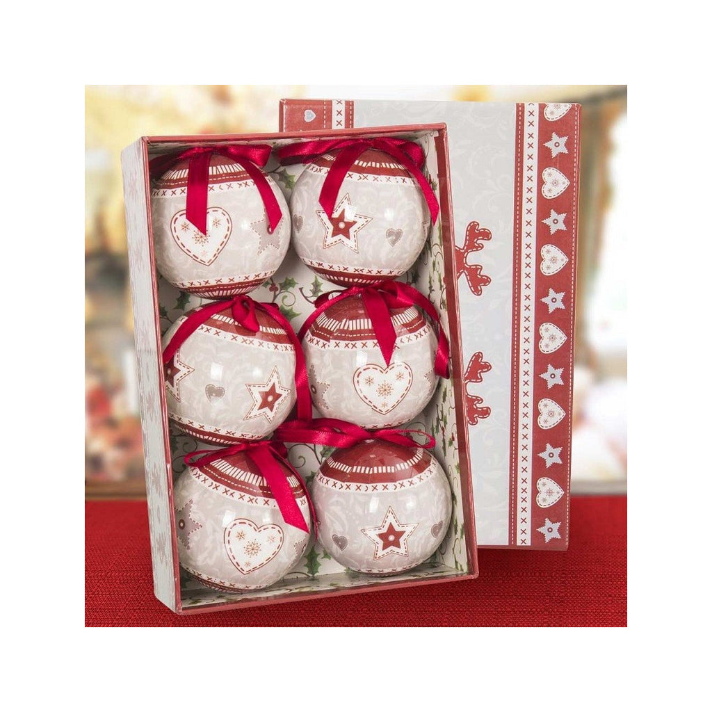 Set 6 bolas de Navidad Imprimir corazón Estrellas 7.5 cm con decoración de Navidad Cinta