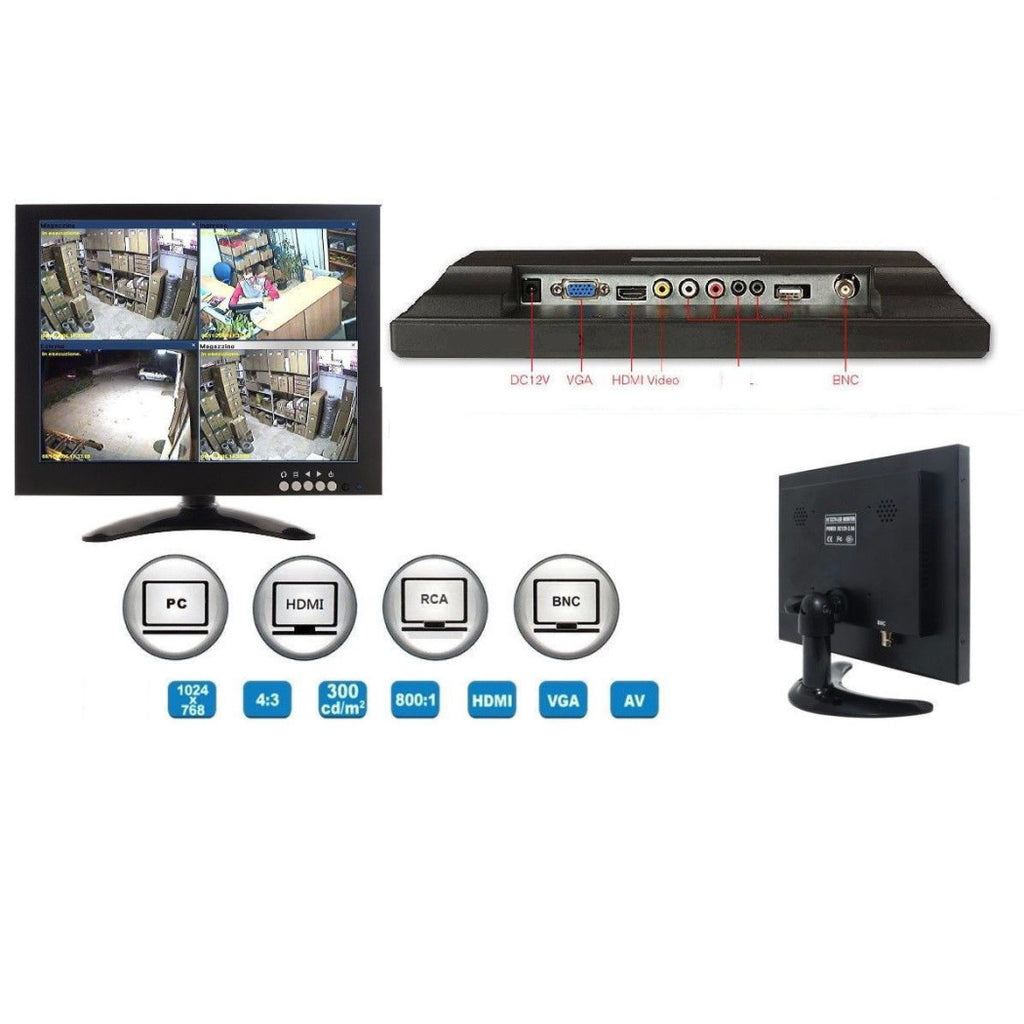 TV TELEVISORE MONITOR LCD 12' POLLICI TFT VIDEOSORVEGLIANZA VGA BNC HDMI RCA